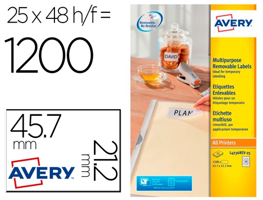 [L4736REV-25] ETIQUETA ADHESIVA AVERY BLANCA REMOVIBLE PARA LASER INK-JET FOTOCOPIADORA 45,7X 21,2 MM CAJA DE 1200 UNIDADES