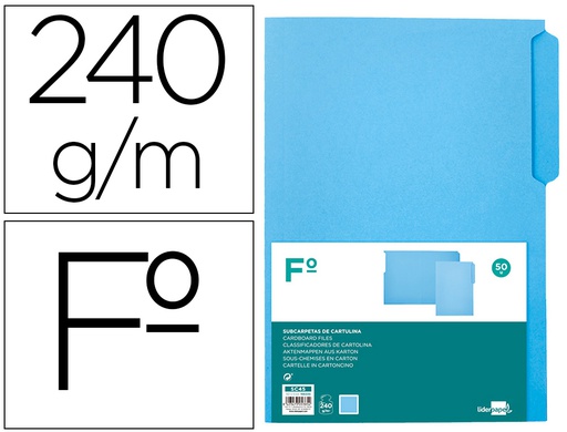 [SC45] SUBCARPETA CARTULINA LIDERPAPEL FOLIO PESTAÑA SUPERIOR 240G/M2 AZUL