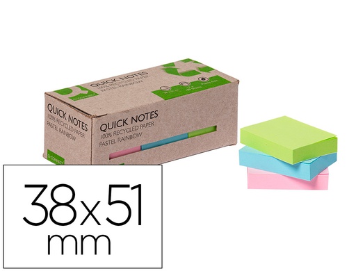 [KF17326] BLOC DE NOTAS ADHESIVAS QUITA Y PON Q-CONNECT 38X51 MM 100% PAPEL RECICLADO COLORES PASTELES EN CAJA DE CARTON