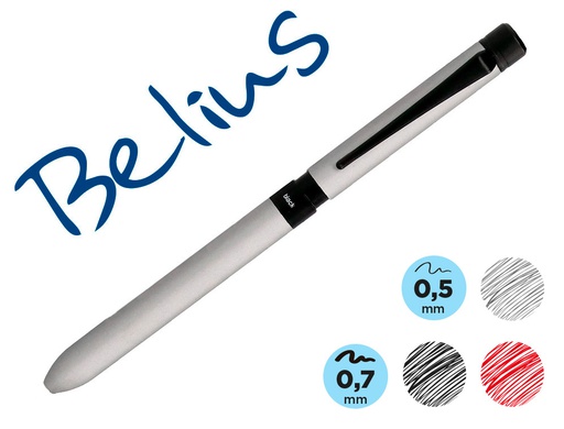 [BB185] BOLIGRAFO BELIUS ZURICH 3 EN 1 CUERPO PLATEADO TINTA NEGRA Y ROJA PORTAMINAS 0,5 MM EN ESTUCHE