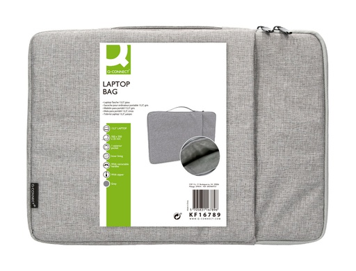 [KF16789] FUNDA PARA PORTATIL Q-CONNECT 13,3\" CON ASA 1 BOLSILLO EXTERIOR CON CREMALLERA COLOR GRIS 350X250X25 MM