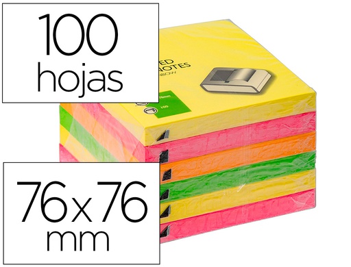 [KF11402] BLOC DE NOTAS ADHESIVAS QUITA Y PON Q-CONNECT 76X76 MM COLORES NEON SURTIDOS ZIG-ZAG