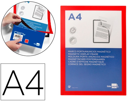 [MA04] MARCO PORTA ANUNCIOS LIDERPAPEL MAGNETICO DIN A4 DORSO ADHESIVO REMOVIBLE COLOR ROJO