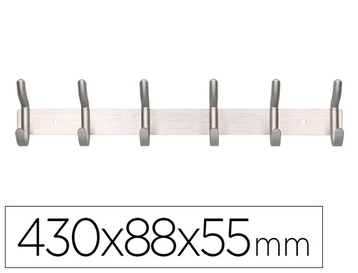 [PH01] PERCHERO LIDERPAPEL PARED METALICO 6 COLGADORES COLOR PLATA MATE 430X88X55 MM