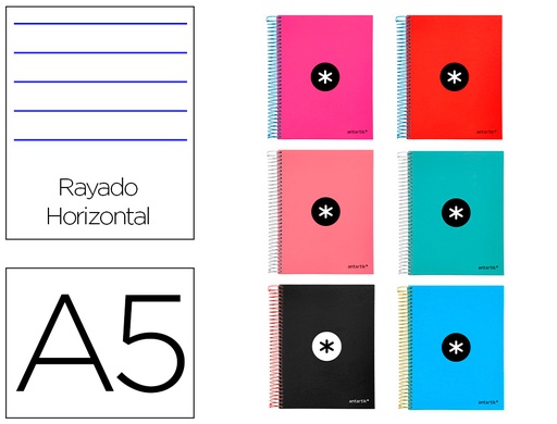 [KD62] CUADERNO ESPIRAL A5 MICRO ANTARTIK TAPA FORRADA 120 H 100G HORIZONTAL 5 BANDAS6 TALADROS COLORES SURTIDOS