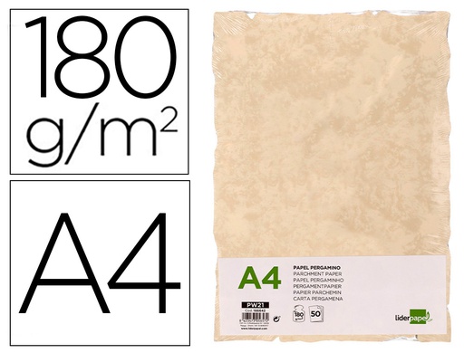 [PW21] PAPEL PERGAMINO LIDERPAPEL DIN A4 CON BORDES 180 GR COLOR CREMA PAQUETE DE 50 HOJAS