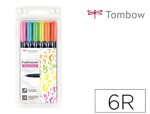 [WS-BH-6P] ROTULADOR TOMBOW PUNTA PINCEL DUAL FUDENOSUKE PUNTA DURA TINTA BASE DE AGUA ESTUCHE DE 6 UNIDADES COLORES NEON
