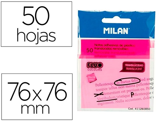 [411260850] BLOC DE NOTAS ADHESIVAS QUITA Y PON MILAN 76X76 MM REMOVIBLE PLASTICO TRANSLUCIDO ROSA FLUOR 50