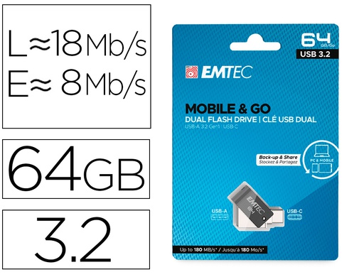 [EMTEC E173607] MEMORIA EMTEC USB 3.2 DUAL MOBILE & GO TYPE-C /USB 64 GB