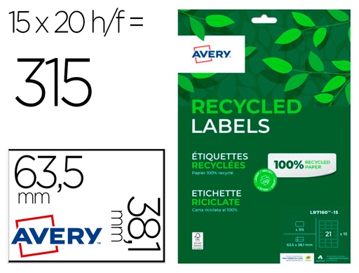 [LR7160-15] ETIQUETA ADHESIVA AVERY BLANCA PERMANENTE RECICLADA 100% LASER 63,5X38,1 MM CAJA DE 315 UNIDADES