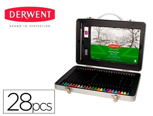 [2305951] ESTUCHE DE PINTURA DERWENT ACADEMY METALICO CON ASA LAPICES DE COLORES 28 PIEZAS