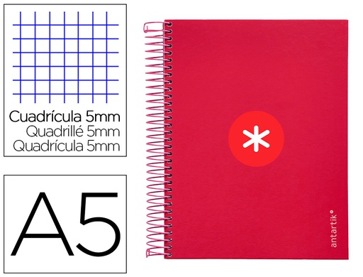 [KH12] CUADERNO ESPIRAL A5 MICRO ANTARTIK TAPA FORRADA120H 90 GR CUADRO 5MM 5 BANDAS6 TALADROS COLOR FRAMBUESA