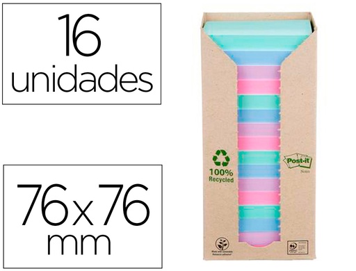 [7100259226] BLOC DE NOTAS ADHESIVAS QUITA Y PON POST-IT 76X76 MM 100% RECICLADO PEFC EN TORRE PACK DE 16 UNIDADES COLORES