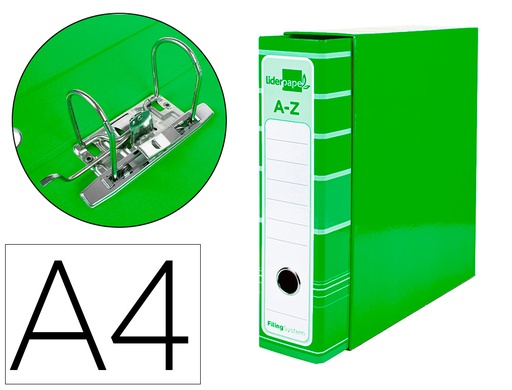 [AZ17] ARCHIVADOR DE PALANCA LIDERPAPEL A4 FILING SYSTEM FORRADO SIN RADO LOMO 80MM VERDE CON CAJA Y COMPRESOR METALICO