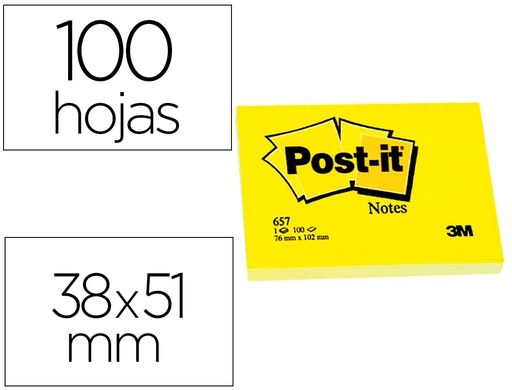 [7100290163/ FT510058488] BLOC DE NOTAS ADHESIVAS QUITA Y PON POST-IT 38X51 MM CON 100 HOJAS 653E
