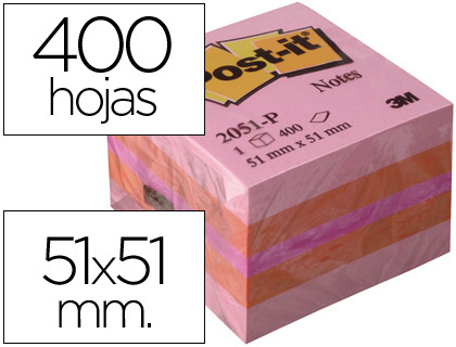 [FT510091737] BLOC DE NOTAS ADHESIVAS QUITA Y PON POST-IT 51X51 MM MINICUBO COLOR ROSA 2051-P 400 HOJAS