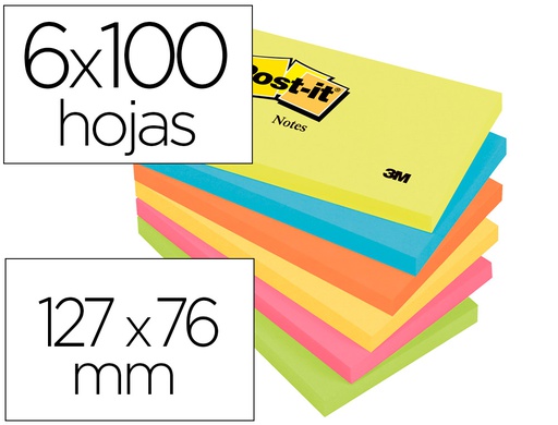 [FT510283557 (L655-N)] BLOC DE NOTAS ADHESIVAS QUITA Y PON POST-IT 76X127 MM NEON PACK DE 6 BLOCS SURTIDO