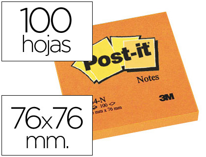 [FT510061946 (654-N NARANJA)] BLOC DE NOTAS ADHESIVAS QUITA Y PON POST-IT 76X76 MM NARANJA NEON CON 100 HOJAS