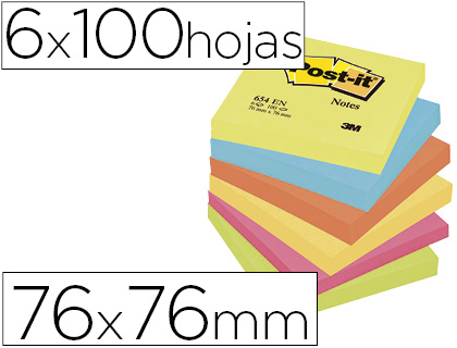 [7100296019] BLOC DE NOTAS ADHESIVAS QUITA Y PON POST-IT 76X76 MM NEON PACK DE 6 BLOCS SURTIDO