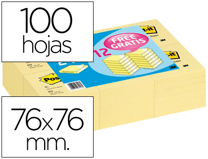 [FT510280249] BLOC DE NOTAS ADHESIVAS QUITA Y PON POST-IT 76X76 MM PACK PROMOCIONAL 24+12 UNIDADES