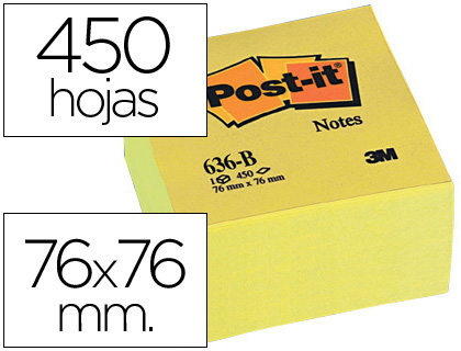 [FT510018763 (636-B)] BLOC DE NOTAS ADHESIVAS QUITA Y PON POST-IT 76X76X45 MM CUBO COLOR AMARILLO 450 HOJAS