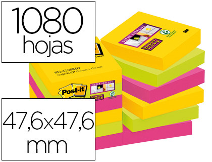 [7100290181] BLOC DE NOTAS ADHESIVAS QUITA Y PON POST-IT SUPER STICKY 47,6X47,6 MM CON 90 HOJAS PACK DE 12 BLOC COLORES