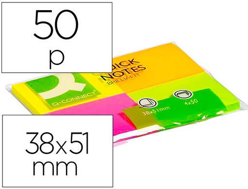 [KF10510] BLOC DE NOTAS ADHESIVAS QUITA Y PON Q-CONNECT 38X51 MM CON 50 HOJAS FLUORESCENTES PACK DE 4 UNIDADES