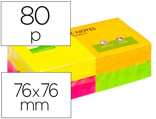 [KF10508] BLOC DE NOTAS ADHESIVAS QUITA Y PON Q-CONNECT 76X76 MM CON 80 HOJAS FLUORESCENTES PACK DE 12 SURTIDAS EN 4 COLORES