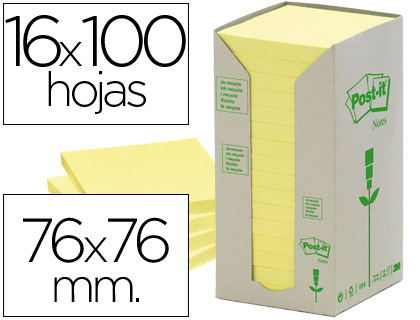 [FT510110347] BLOC DE NOTAS ADHESIVAS QUITA Y PON RECICLADA EN TORRE POST-IT 76 X 76 MM 16 BLOCS 654 RECICLADO