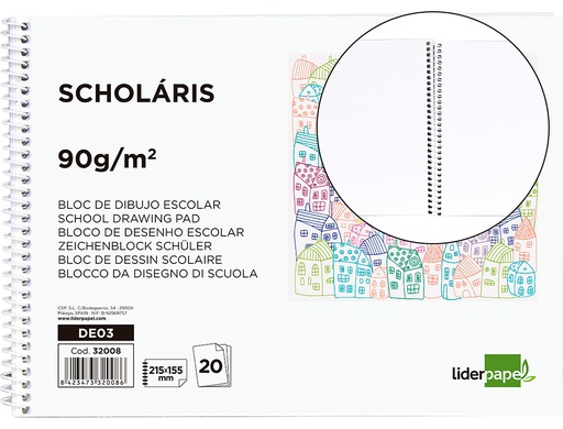 [DE03] BLOC DIBUJO LIDERPAPEL ESCOLAR ESPIRAL 155X215MM 20 HOJAS 90 GR/M2 SIN RECUADRO