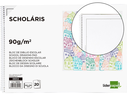 [DE02] BLOC DIBUJO LIDERPAPEL ESCOLAR ESPIRAL 230X325MM 20 HOJAS 90 GR/M2 CON RECUADRO