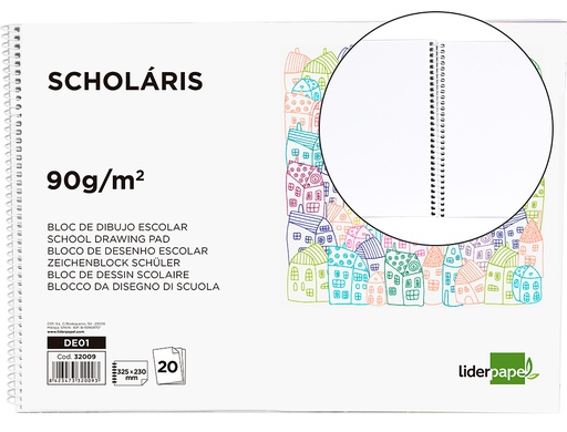[DE01] BLOC DIBUJO LIDERPAPEL ESCOLAR ESPIRAL 230X325MM 20 HOJAS 90 GR/M2 SIN RECUADRO