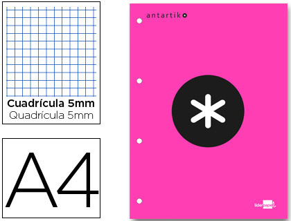 [BR13] BLOC ENCOLADO LIDERPAPEL ANTARTIK CUADRO 5 MM A4 NATURAL 80 H 100 GR COLOR ROSA