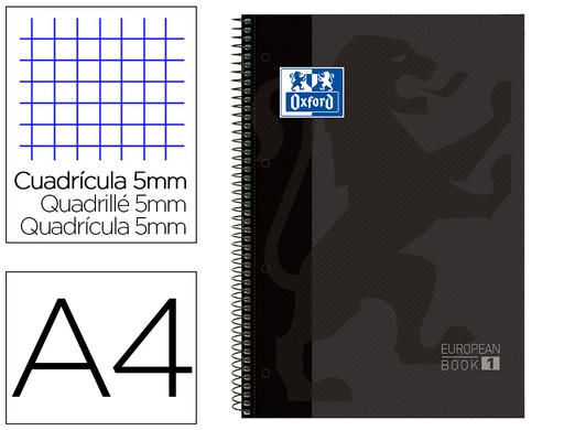 [100430269] BLOC ESPIRAL OXFORD EUROPEAN BOOK TAPA EXTRADURA DIN A4 80 HOJAS CUADRICULA 5 MM COLOR GRIS