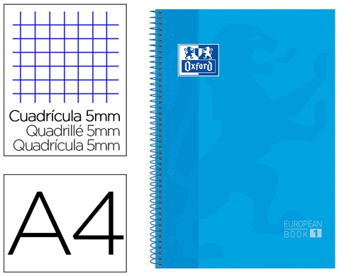 [400028276] BLOC ESPIRAL OXFORD EUROPEAN BOOK TAPA EXTRADURA DIN A4 80 HOJAS CUADRICULA 5 MM COLOR TURQUESA
