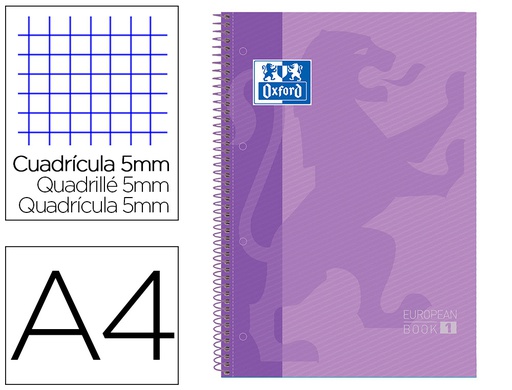 [100430201] BLOC ESPIRAL OXFORD TAPA EXTRADURA MICROPERFORADO DIN A4 80 HOJAS CUADROS 5MM -COLOR LILA