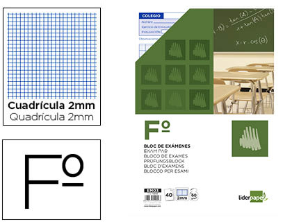 [EM03] BLOC EXAMENES LIDERPAPEL CUADRO 2MM FOLIO 40 HOJAS 60G/M2