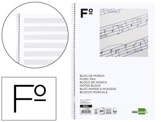 [BM01] BLOC MUSICA LIDERPAPEL PENTAGRAMA 3MM FOLIO 20 HOJAS 100G/M2