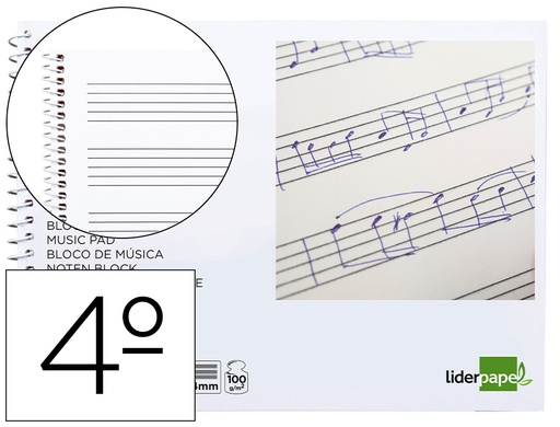 [BM06] BLOC MUSICA LIDERPAPEL PENTAGRAMA 4MM CUARTO 20 HOJAS 100G/M2