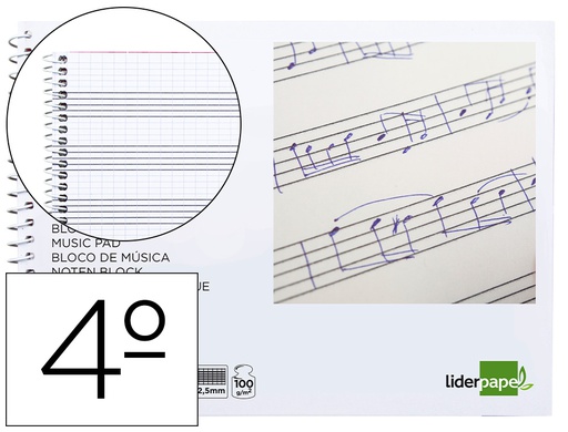 [BM07] BLOC MUSICA LIDERPAPEL COMBI PENTAGRAMA CUADRICULADO 2,5MM CUARTO 20 HOJAS 100G/M2