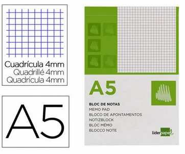 [BN03] BLOC NOTAS LIDERPAPEL CUADRO 4MM A5 80 HOJAS 60G/M2 PERFORADO