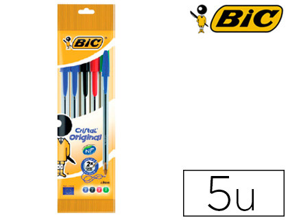 [516346] BOLIGRAFO BIC CRISTAL ORIGINAL BOLSA DE 5 UNIDADES COLORES SURTIDOS 2 AZUL /1 NEGRO /1 ROJO /1 VERDE