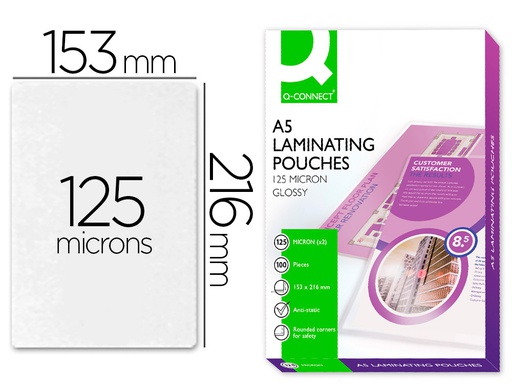[KF04108] BOLSA DE PLASTIFICAR Q-CONNECT 153 X 216 MM 125 MC DIN A5 A CAJA DE 100 UNIDADES