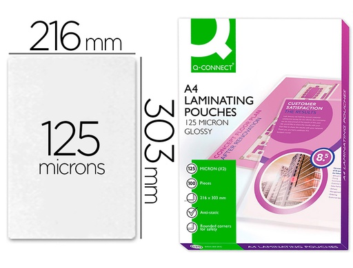 [KF04116] BOLSA DE PLASTIFICAR Q-CONNECT 303 X 216 MM 125 MC DIN A4 A CAJA DE 100 UNIDADES
