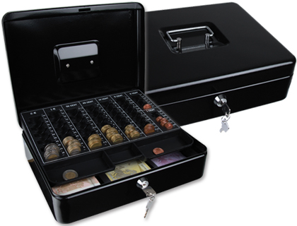 [KF04279] CAJA CAUDALES Q-CONNECT 12\" 300X240X90 MM NEGRA CON PORTAMONEDAS