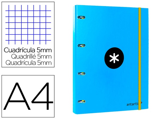 [AW10] CARPETA CON RECAMBIO ANTARTIK A4 CUADRO 5MM FORRADA 4 ANILLAS 25MM REDONDAS COLOR AZUL