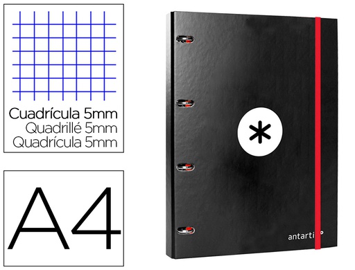 [AW04] CARPETA CON RECAMBIO ANTARTIK A4 CUADRO 5MM FORRADA 4 ANILLAS 25MM REDONDAS COLOR NEGRO