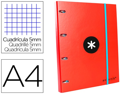 [AW01] CARPETA CON RECAMBIO ANTARTIK A4 CUADRO 5MM FORRADA 4 ANILLAS 25MM REDONDAS COLOR ROJO