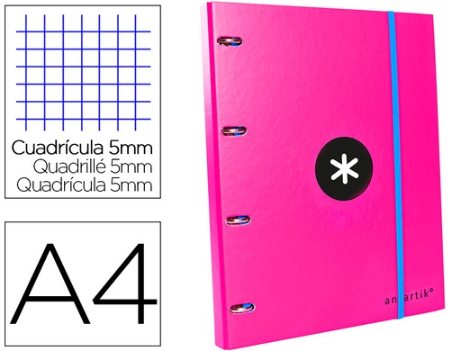 [AW02] CARPETA CON RECAMBIO ANTARTIK A4 CUADRO 5MM FORRADA 4 ANILLAS 25MM REDONDAS COLOR ROSA