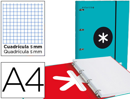 [AW09] CARPETA CON RECAMBIO LIDERPAPEL ANTARTIK A4 CUADRO 5 MM FORRADA 4 ANILLAS 25MM COLOR TURQUESA
